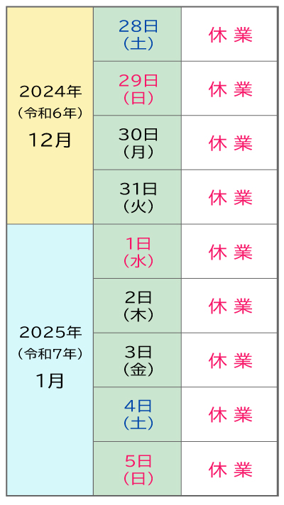 青葉印刷は2024年12月28日～2025年1月5日の年末年始休業のカレンダー