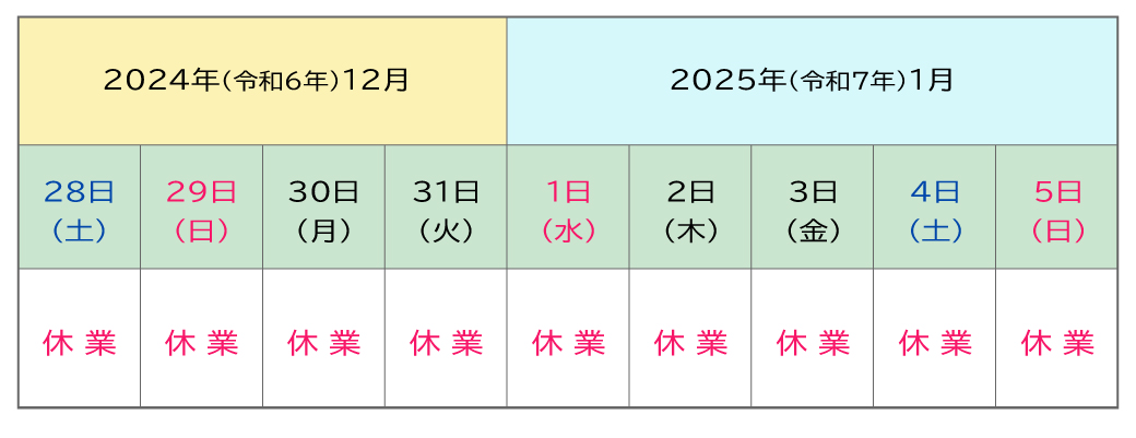 青葉印刷は2024年12月28日～2025年1月5日の年末年始休業のカレンダー